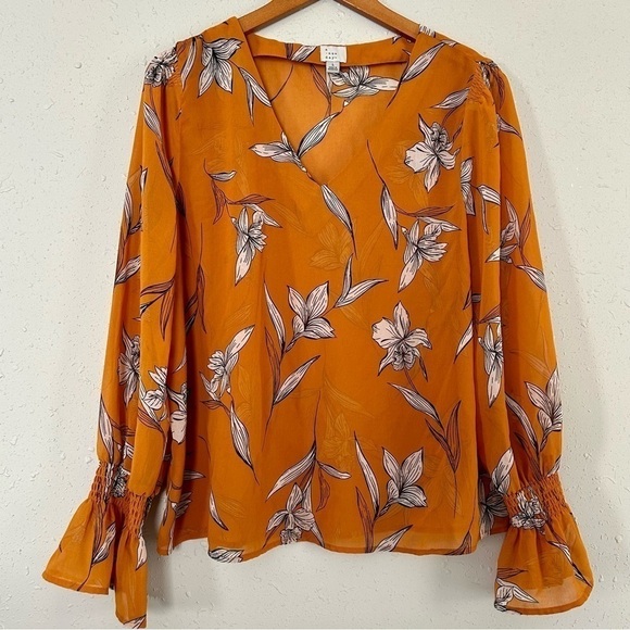 🦋 A New Day Mustard Cream Floral V-Neck Balloon Sleeve Long Sleeve Blouse Large - Picture 2 of 8